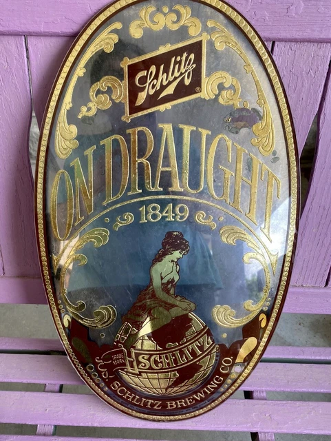 Rare Vintage 1972 Schlitz On Draught 1849 Glass Mirror/Sign Plaque Oval Bar
