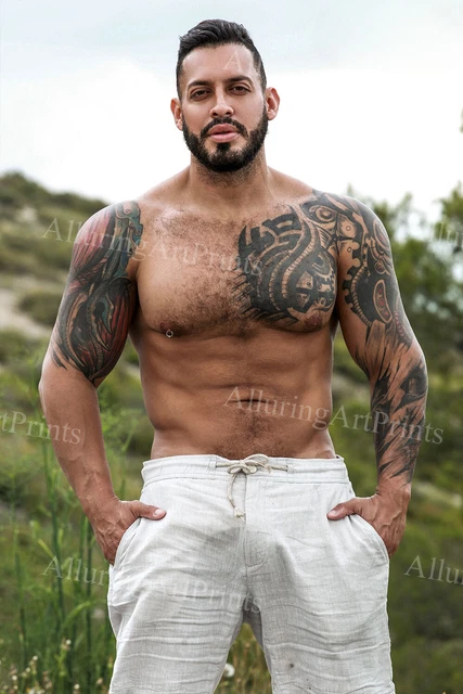 MALE MODEL PRINT Muscular Handsome Beefcake Shirtless Tattoo Hairy ...