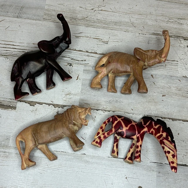 Lot of 4 Wooden Hand Carved Jungle Animal Figurines Giraffe, Lion, 2 Elephants