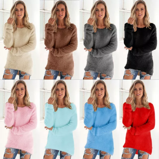 Women's Winter Warm Fluffy Fleece Sweater Jumper Plain Casual Pullover Tops AU