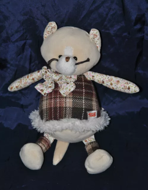 Peluche Doudou Chat Beige TRUDI SPA  Tissus Ecossais Fourrure Noeud 25 Cm NEUF