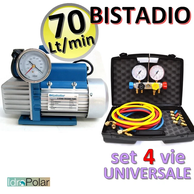 POMPA VUOTO BISTADIO 70 Lt + SET MANOMETRICO 4 VIE GAS R410A R407C R32 R134A POMPA VUOTO BISTADIO 70 Lt + SET MANOMETRICO 4 VIE GAS R410A R407C R32 R134A