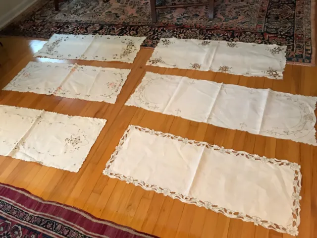 6 Antique MADEIRA LINEN Embroidered Cutwork RUNNER Scarf 2 w pink roses