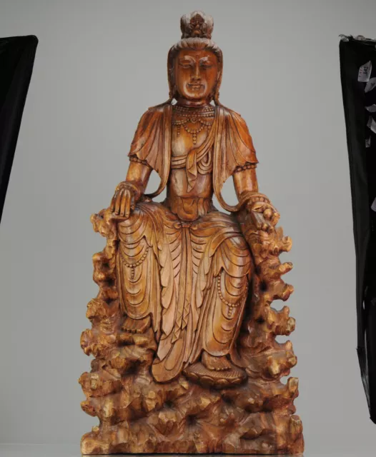 Huge 20C Chinese Carved Wood Statue of a Guanyin Goddes Great carving