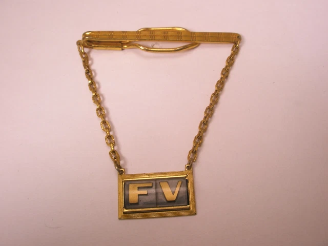 =FV Monogram Initial Cable Link Chain Vintage HICKOK Pendant Tie Bar Clip