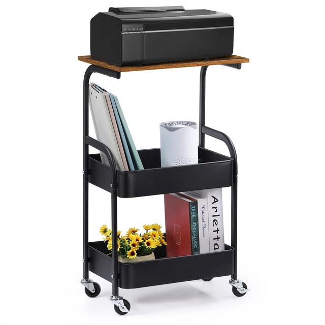TooCust 3-Tier Rolling Printer Stand – Black Metal & Wood Cart With Wheels, 17"L X 12"W X 29"H For Home Office