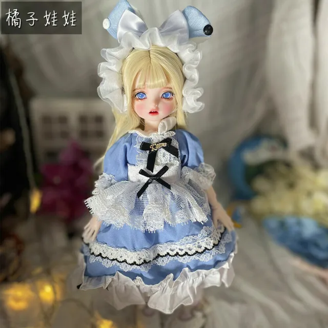 1/6 BJD Doll 30cm Ball Jointed Girl Blue Dress Hat Shoes Outfits Wigs Full Set