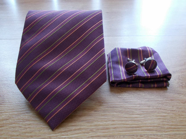 Cravate Soie Violette Fines Côtes + Boutons Manchette + Pochette - NEUF