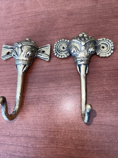 2 Different VTG Brass Figure Elephant 🐘Trunk Up Wall Mount Coat/Hat/Key Hooks
