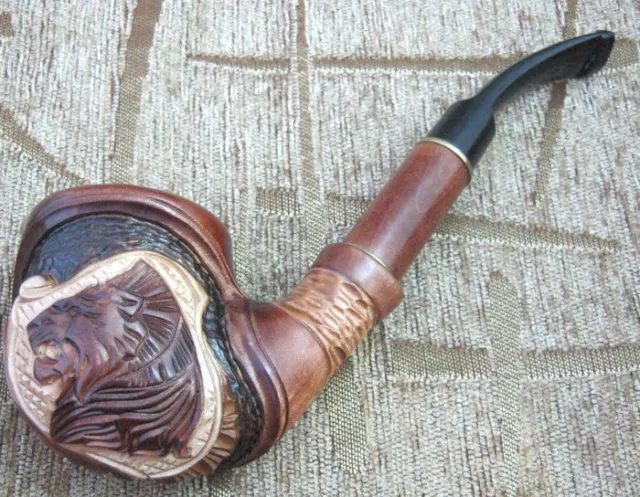 Wooden Tobacco Smoking Pipe Carved Lion on the bowl long stem unsmoked hand made