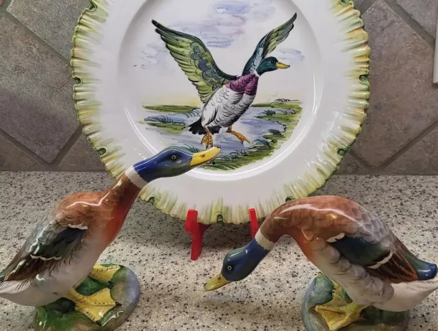 Vintage Italian Pottery Ugo Zaccagnini Italy 2 Duck Figurines And Platter
