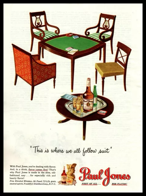1947 Paul Jones Whiskey Duncan Phyfe Harp Back Chairs MCM Table Vintage Print Ad