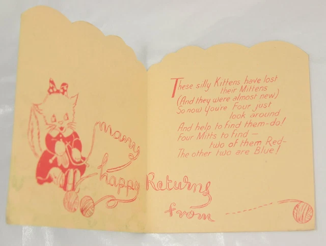 Vintage Greetings Card Four Today - Kittens Mia Cards England Ref 712 Circa 40s 4