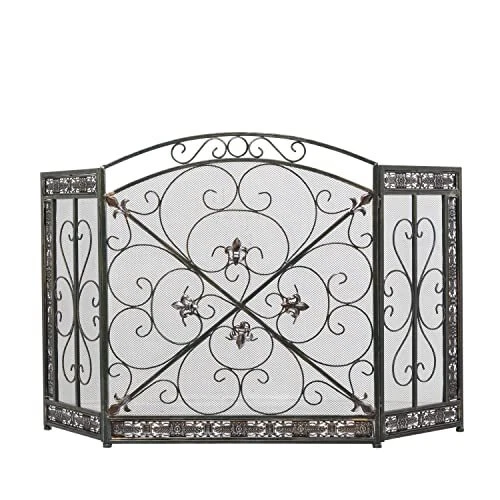 Deco 79 Metal Foldable Mesh Netting 3 Panel Fireplace Screen with Fleur De Li...