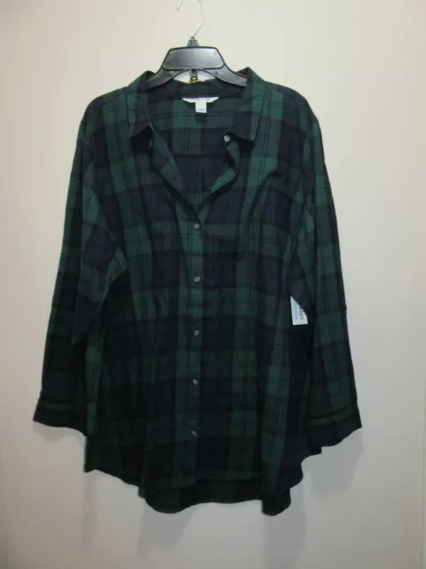 Old Navy Womens Classic Flannel Shirt Button-Up Plaid Green & Navy Blue Size M
