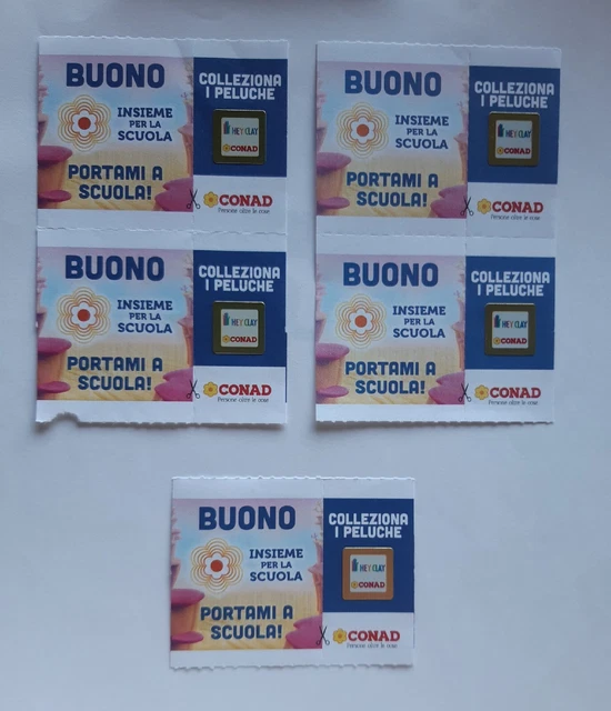 5 BOLLINI Hey Clay - Conad  2023 per peluche - con Buoni Scuola