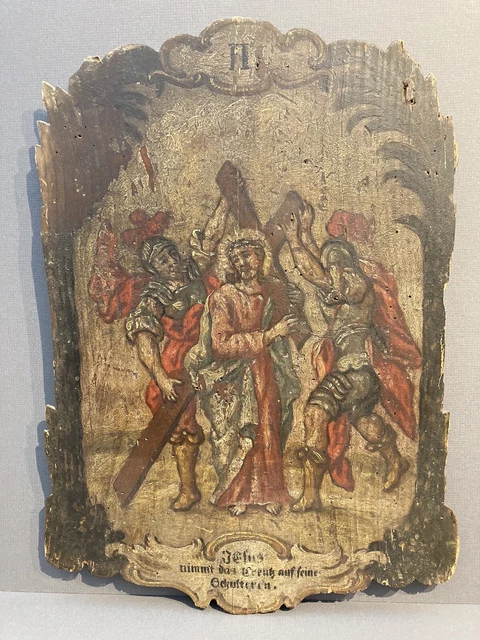 Original alte Kreuzwegstation II auf Holztafel um 1800 Votivtafel Votivbild
