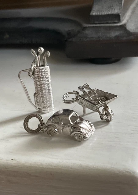 VW BUG VOLKSWAGEN WHEELBARROW GOLF CLUBS BAG - 3 Sterling Movable Charms