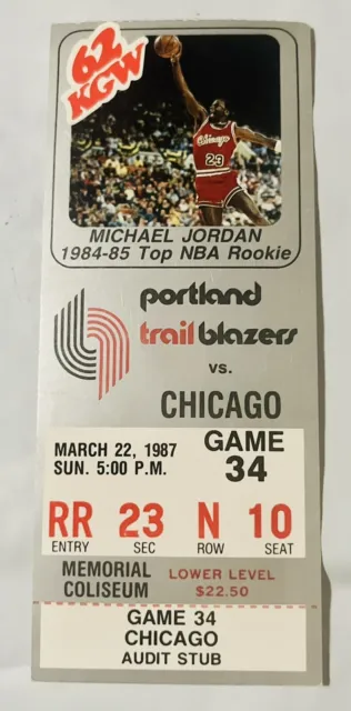 1987 Basketball Ticket Bulls Blazers Michael  Jordan Against Portland