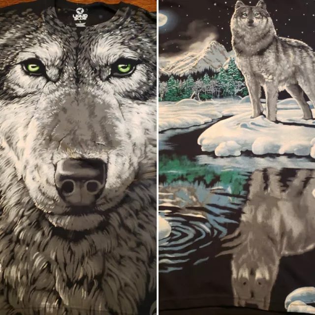 Vntg Liquid Blue Wolf All Over Animal Wild Life Black T-shirt Sz L Double Sided