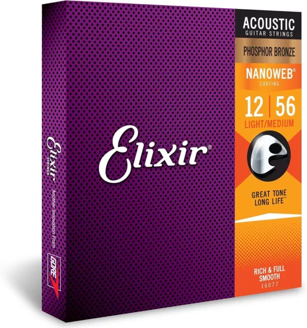 Elixir 16077 Strings Phosphor Bronze Acoustic Guitar Strings w NANOWEB Coating,