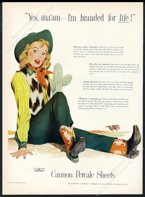 1948 cowgirl thrown from horse 'Branded For Life' Cannon Sheets vintage print ad