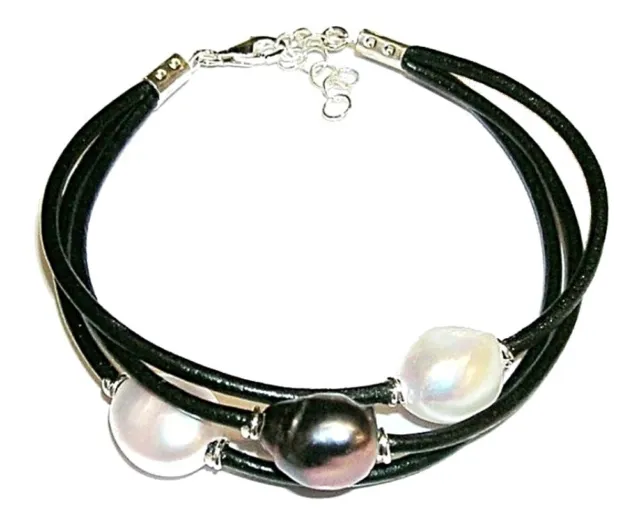 Bracelet 3 Perles Cultivées Tricolore, Cuir Noir Et Argent De 1ª Loi 925