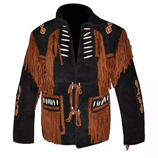 Men Native American Cowboy Leather Jacket Fringe & Beads Western Suede Jacket