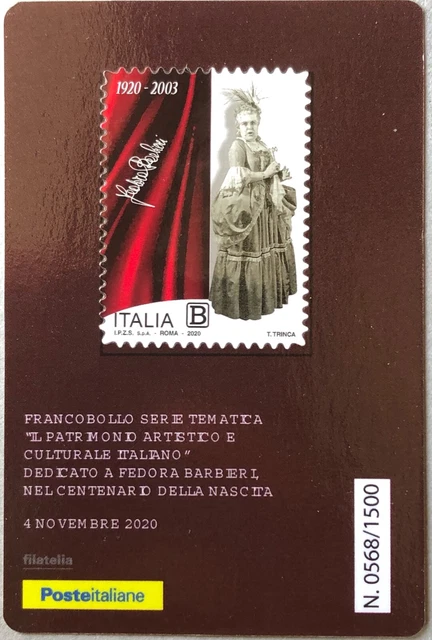 ITALIA 2020 TESSERA FILATELICA FRANCOBOLLO FEDORA BARBIERI tiratura 1500
