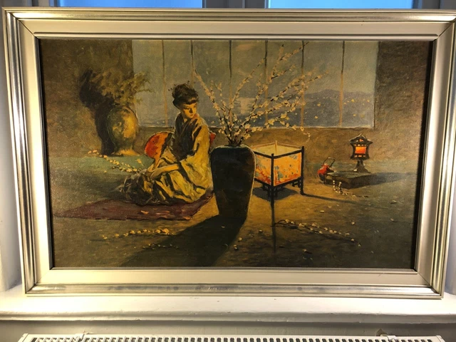 ÖLDRUCK MADAME BUTTERFLY aus den 60er in weißem Holzrahmen 85 x 56 cm ...