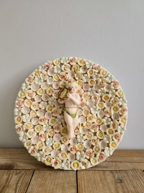 Antique Italian Ardalt Dresden Large Plate Cherub Mandolin Flowers wall hang 10"