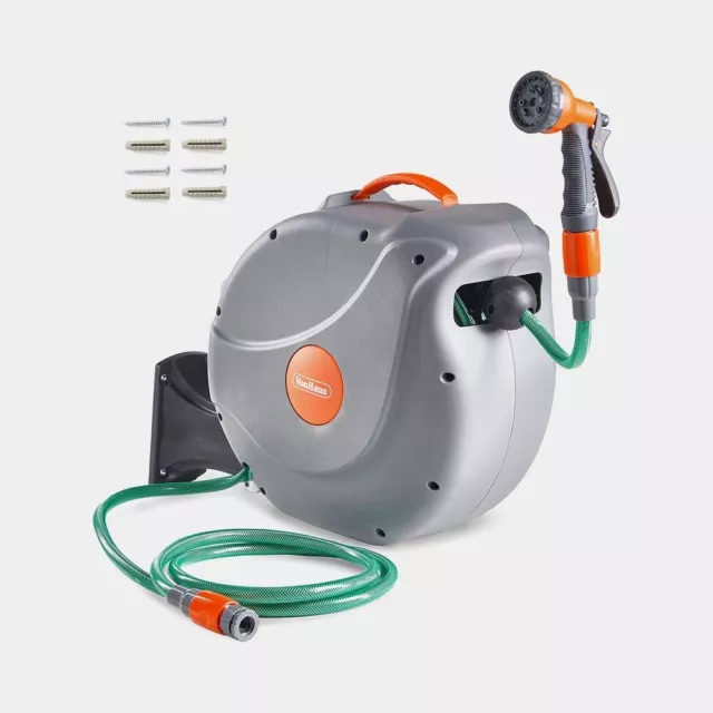 VONHAUS 30m Garden Hose Auto Rewind Hose Reel, Grey,Wall fitting missing