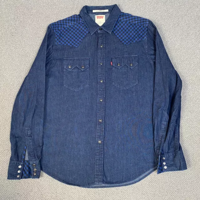 LEVIS Shirt Mens Large Blue Long Sleeve Button Up Western USA Snap Button Slim