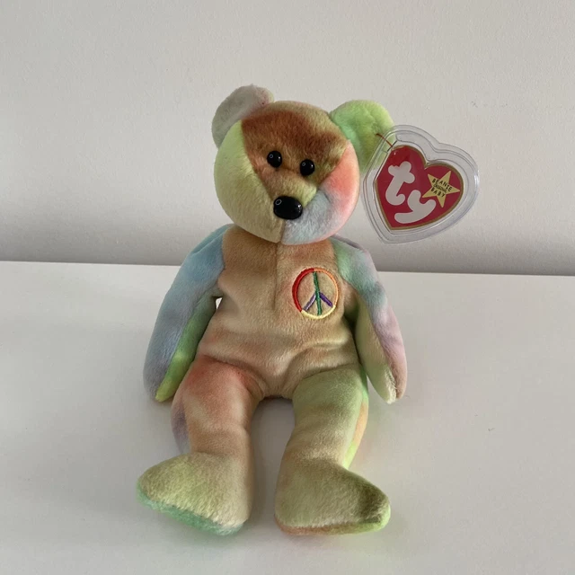 Ty Beanie Babies Peace Bear Rare Retired With Tag & Protector 1996 P.E Pellets