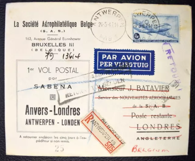 47/ Belgique SABENA 1er vol postal Anvers Londres Lettre recommandée 24 5 1947