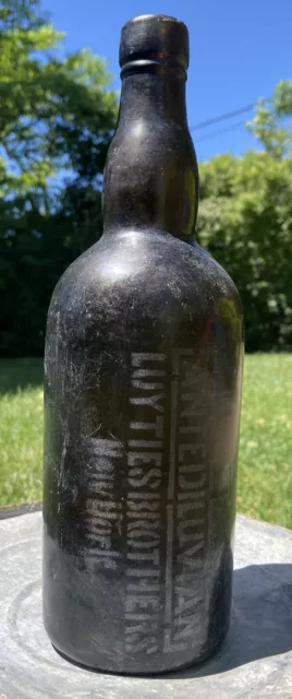 Antediluvian Luyties Brothers New York Acid Etched Green Whiskey Bottle Antique