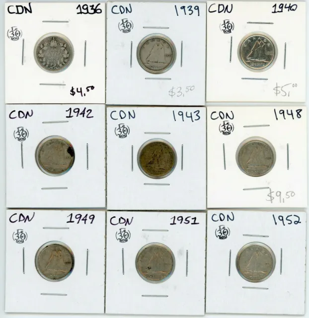 1936 to 1952 Canada 10 Cents Silver Lot of 9 #17443