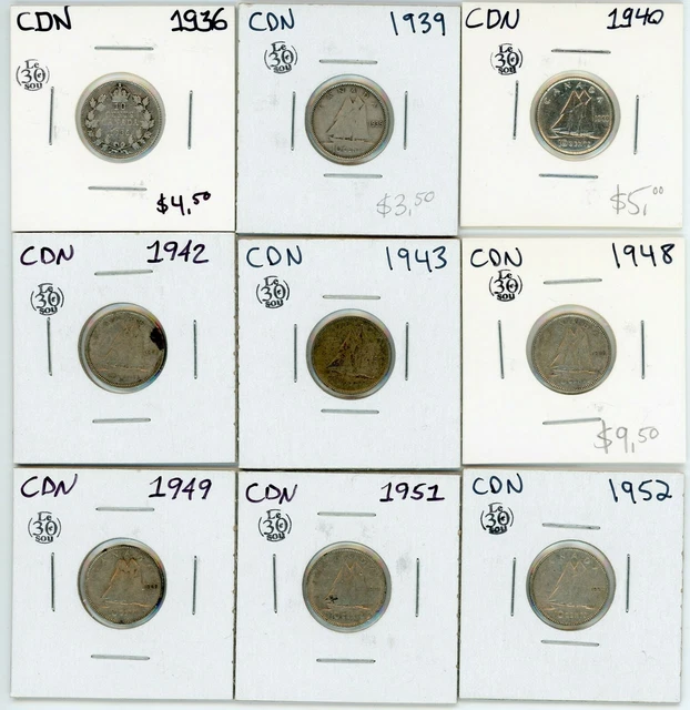 1936 to 1952 Canada 10 Cents Silver Lot of 9 #17443