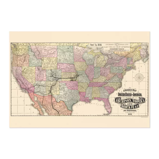 1888 Atchison, Topeka, Santa Fe RailRoad Map - Classic Art Print Reproduction