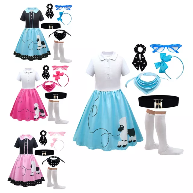 Kids Girls Outfits Shirt Collar Poodle Dress Schoolgirls Cosplay Mardi 7Pcs 50s 2