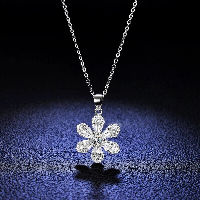 2Ct Round Cut Real Moissanite Flower Pendant 14K White Gold Plated Free Chain