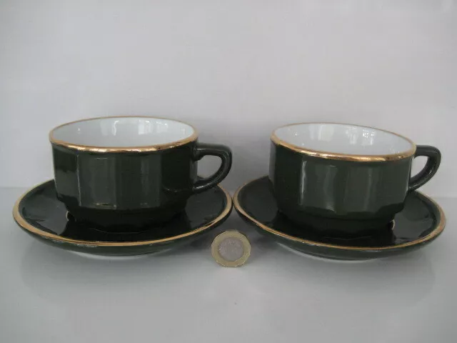 2  x  APILCO GREEN & GOLD MEDIUM COFFEE TEA CUPS AND SAUCERS FRENCH BISTRO WARE