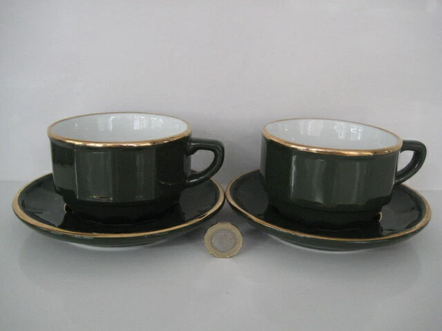 2  x  APILCO GREEN & GOLD MEDIUM COFFEE TEA CUPS AND SAUCERS FRENCH BISTRO WARE