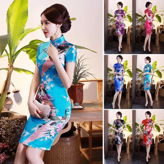 Donna Cinese Tradizionale Abito Qipao Raso Body Mini Cheongsam Abiti