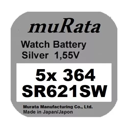 5x Murata/Sony 364 Uhren-Batterie Knopfzelle SR621SW AG1 Silberoxid Blister Neu