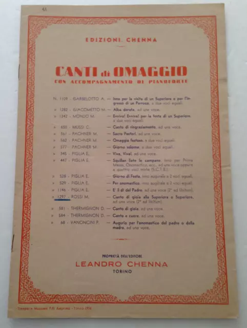 Vecchio spartito Canti di Omaggio Canto di gioia alla Superiora o Superiore