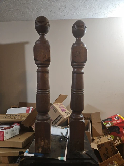 2 ANTIQUE VICTORIAN WOODEN NEWEL POSTS With BALL FINIAL COLUMN Salvage (2)