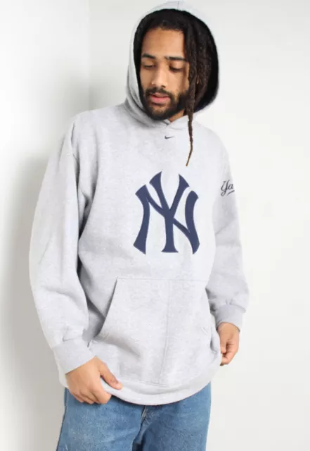 Vintage NIKE New York Yankees Big Logo Centre Swoosh Hoodie Grey - Size XL -W1Y7