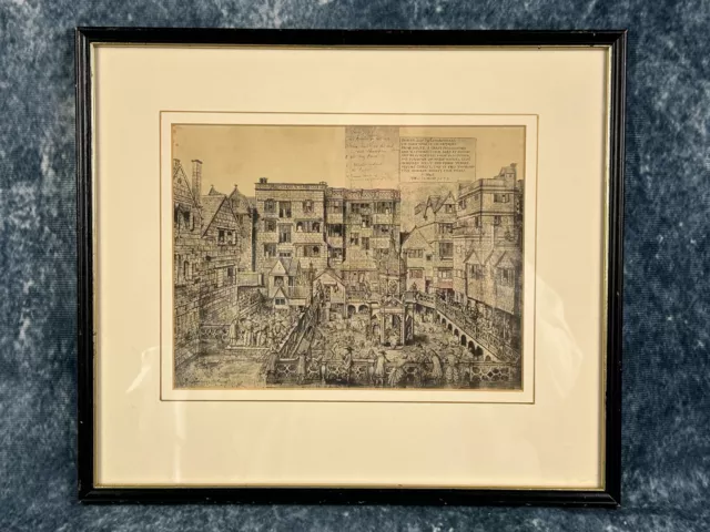 Repro Pen & Ink Drawing of King's & Queen's Bath Etched, Glazed & Framed