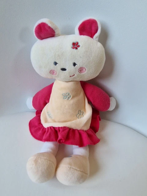 DOUDOU PELUCHE SUCRE D'ORGE OURS BLANC ROSE Robe Fleur Orange 25 Cm